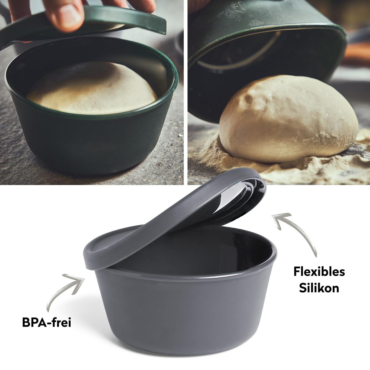 BURNHARD Pizza ball box with lid, airtight, set of 6 made of BPA-free silicone, stackable, temperature-resistant (-20 to 230 °C), ideal for proofing, freezing & baking.