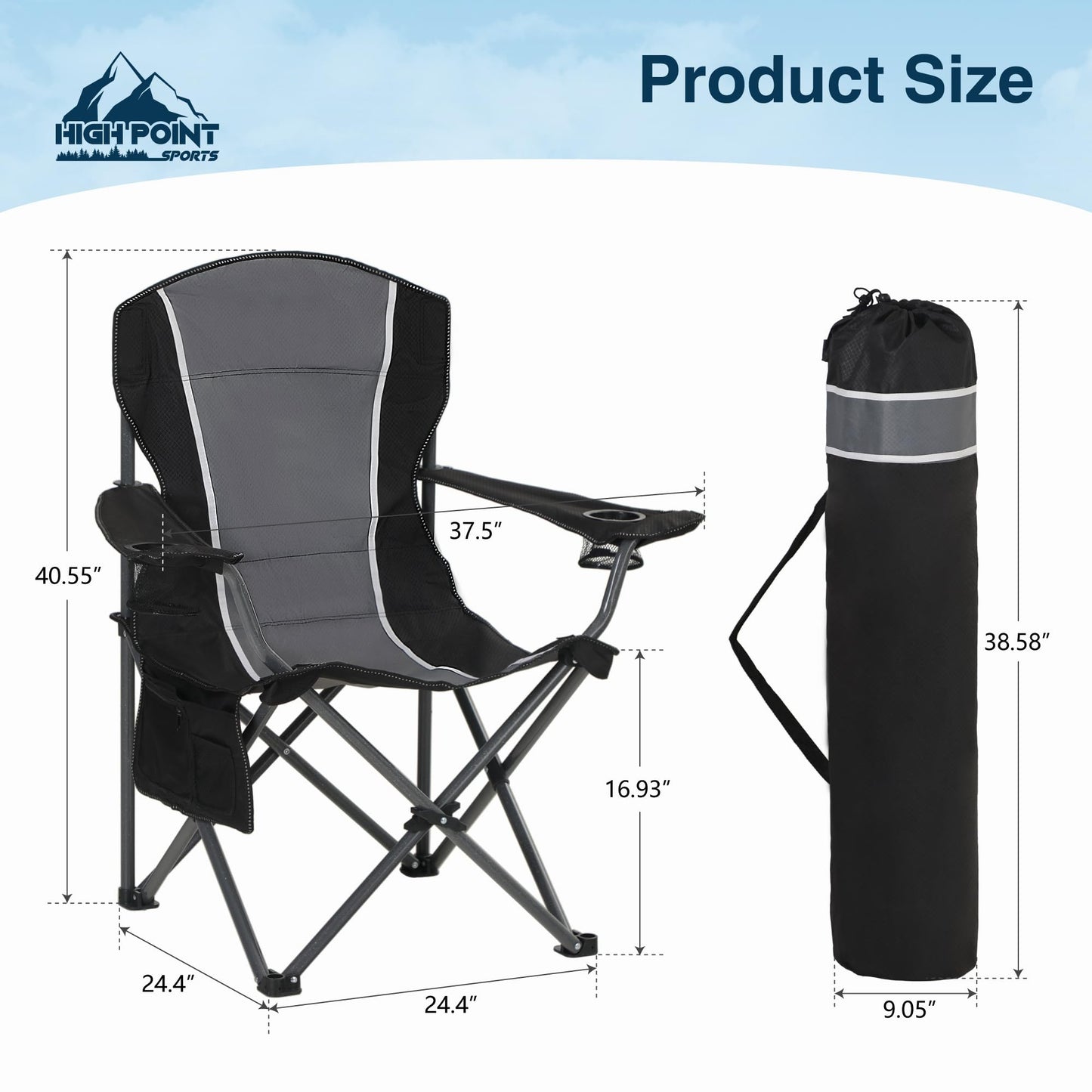 HIGH POINT SPORTS Folding Camping Chair up to 160kg Camping Seat Foldable Chair with Cup Holders Foldable Camping Chair Fishing Chair Foldable.
