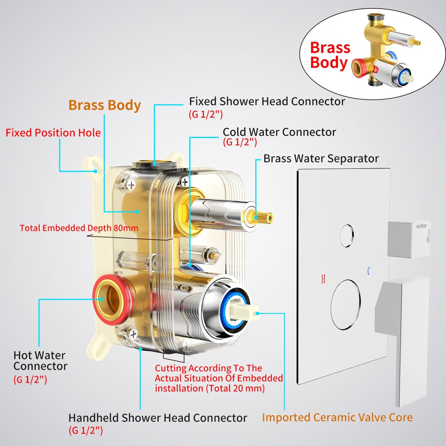 Rainsworth shower system for wall mounting, concealed shower mixer set with rain shower 30x30cm, concealed fittings made of high-quality stainless steel and brass, chrome shower set
