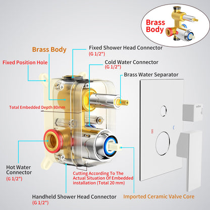 Rainsworth shower system for wall mounting, concealed shower mixer set with rain shower 30x30cm, concealed fittings made of high-quality stainless steel and brass, chrome shower set