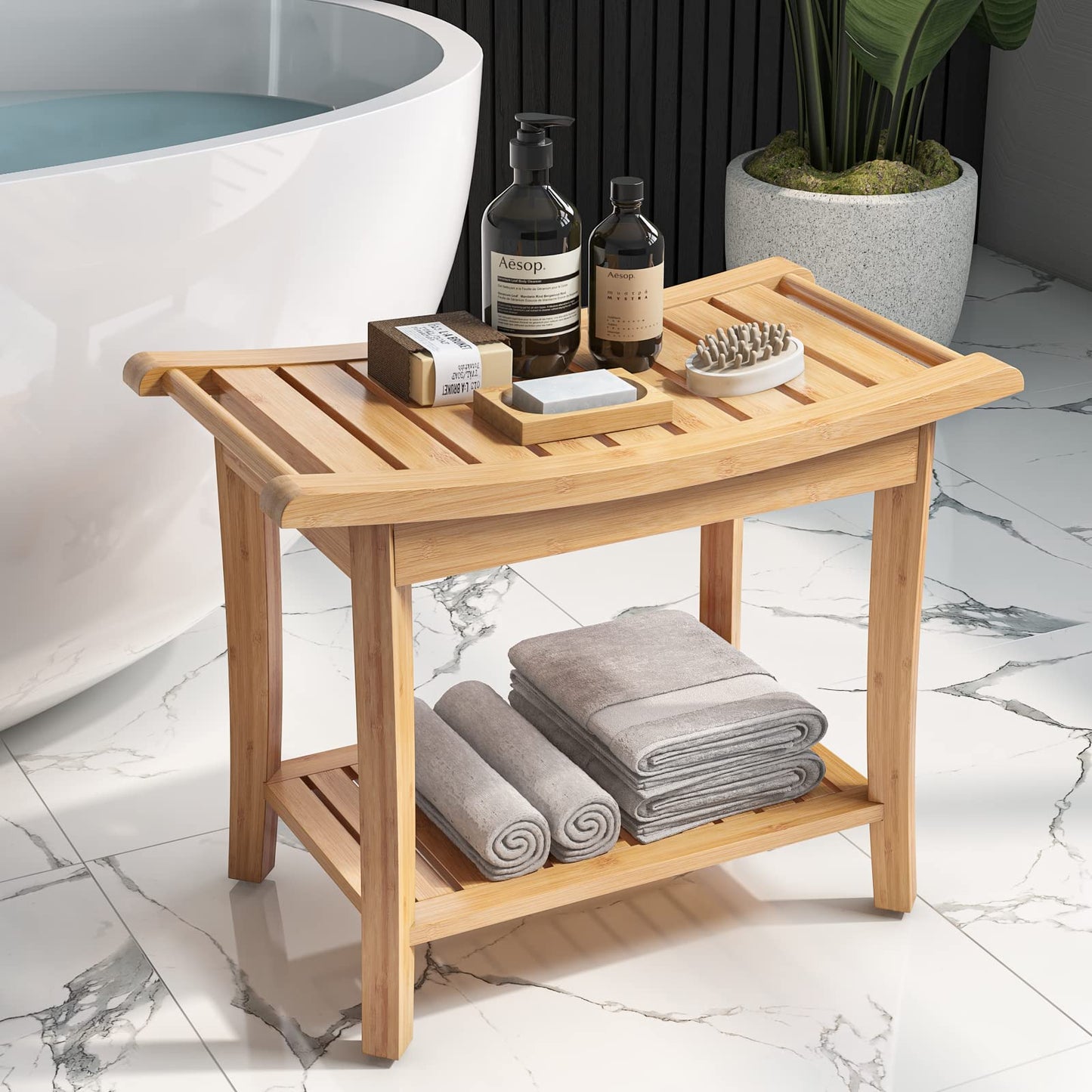 HOCSOK Bamboo Stool Bench Bathroom Shower Stool 2-Tier Water-resistant Non-slip Home Garden Balcony 60 x 33 x 46 cm Bathroom Furniture Natural with Soap Dish