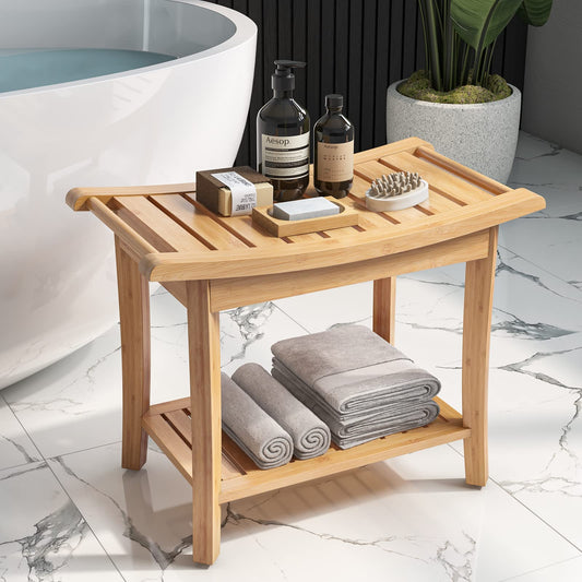 HOCSOK Bamboo Stool Bench Bathroom Shower Stool 2-Tier Water-resistant Non-slip Home Garden Balcony 60 x 33 x 46 cm Bathroom Furniture Natural with Soap Dish