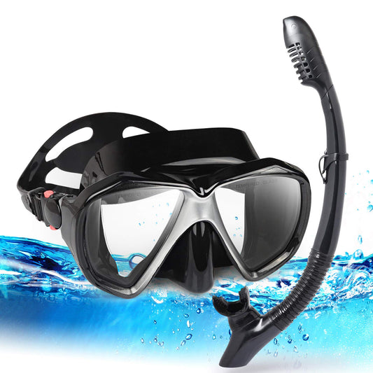 Adult Snorkel Set Snorkeling Gear Anti-Fog Panoramic Dive Mask and Dry Snorkel Anti-Leak Snorkel Mask for Freediving, Snorkeling, Swimming (Black Set)