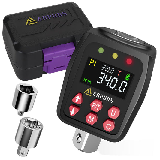 ANPUDS Digital Torque Adapter, 1/2 Inch 17-340Nm Torque Adapter Set with Preset, Storage, Buzzer, LCD Display, ± 1% Error Accuracy, 1/4" 3/8" Adapter for Car, Motorcycle