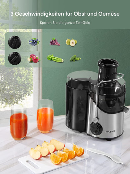 HOUSNAT Vegetable and Fruit Juicer, Max 800W Juicer Machine made of stainless steel with 3 speed levels, 65mm large mouth feed chute centrifugal juicer, easy to clean, BPA-free, 400W.