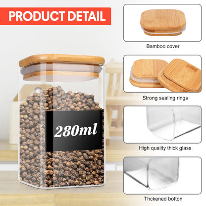 YUTUY Glass Storage Jars 12-Piece Set,Square Glass Jars with Lid,Glass Containers with Wooden Lid for spices, herbs, muesli, beans.