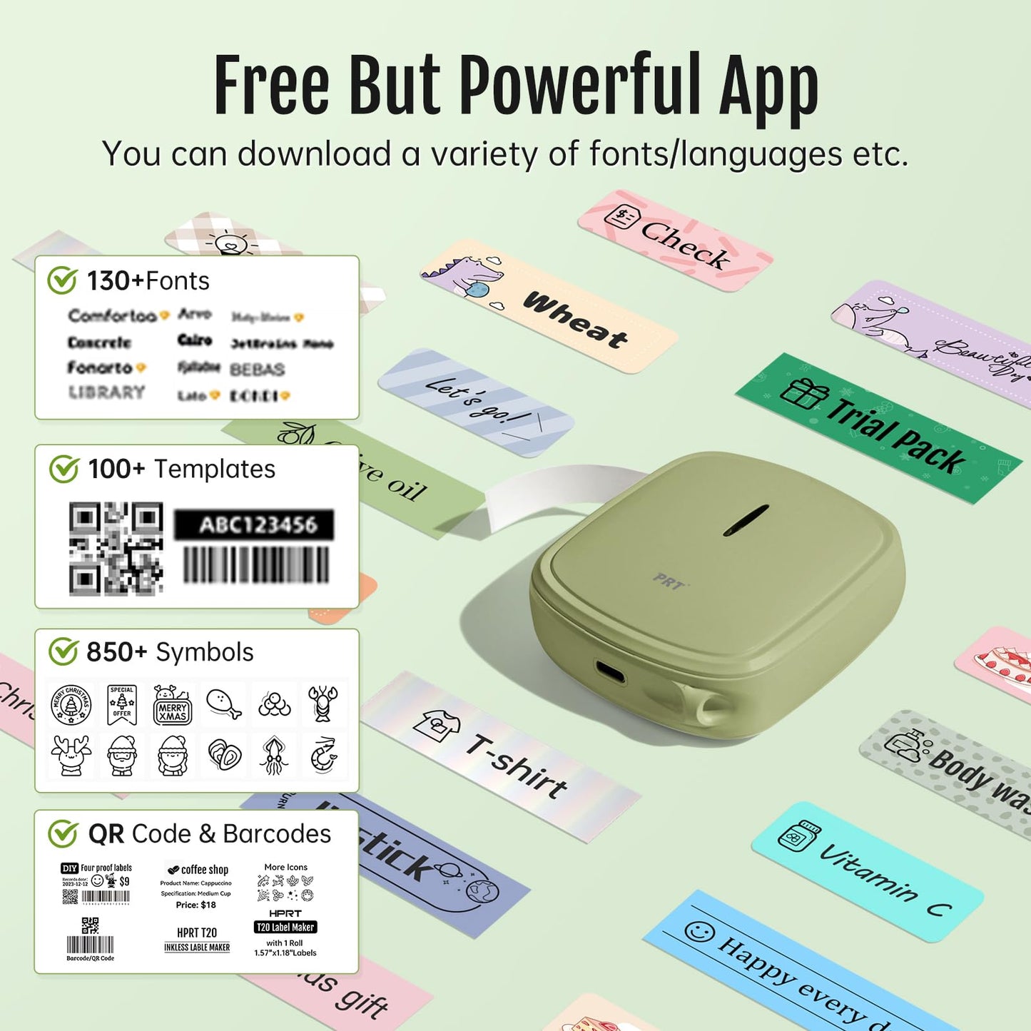 Cute Bluetooth Label Printer Self-Adhesive, Portable Mini Labeling Machine, USB Charging Label Printer, label maker for Home, Office, Date, Name, Compatible, iOS & Android, Green