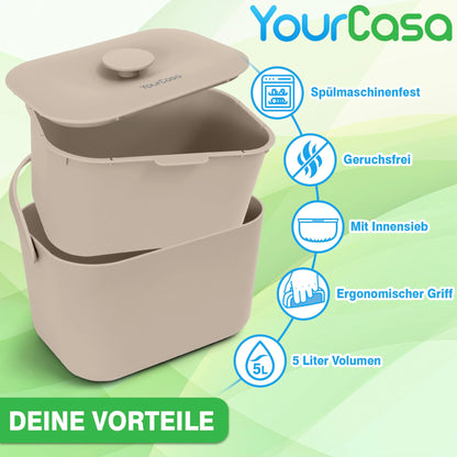 YourCasa 5L kitchen compost bin - for everyday organic waste - dishwasher safe - odor-proof with sieve & ergonomic handle - small compost bin for organic waste (cream)