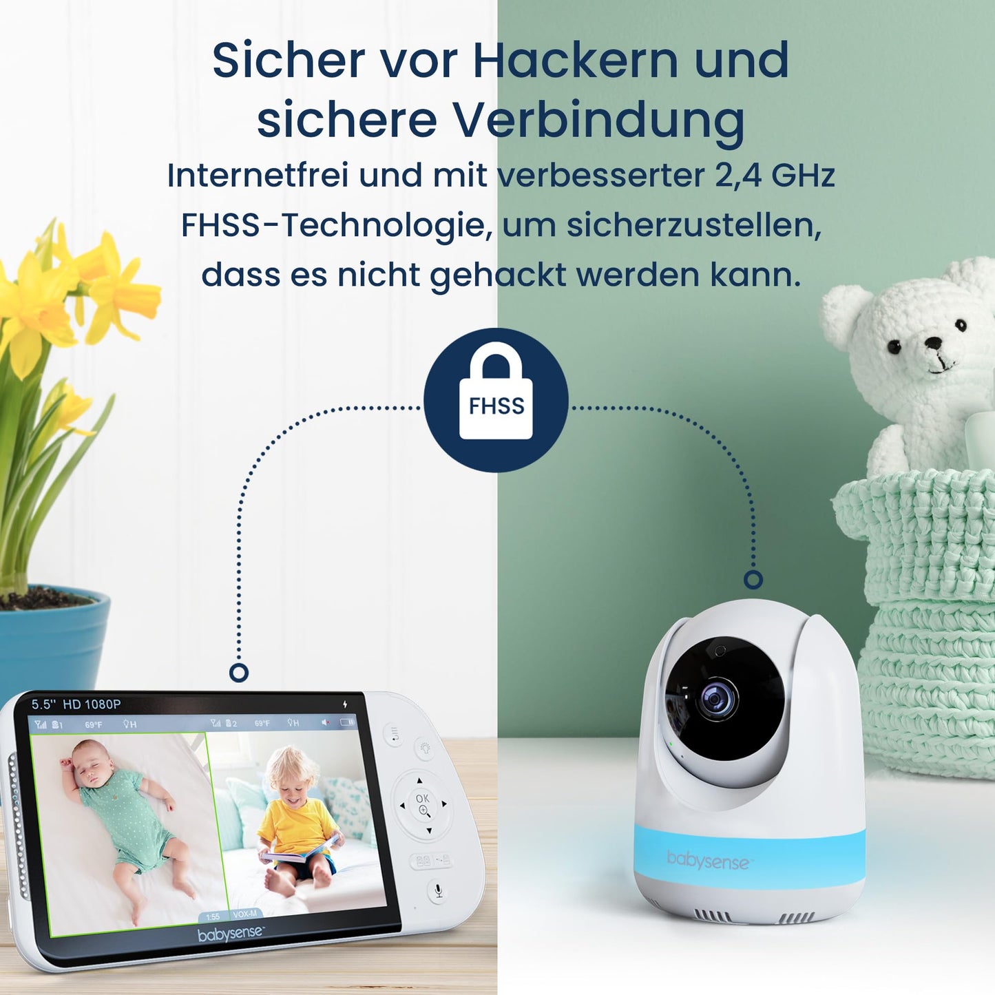 Babysense video baby monitor with camera, No Wi-Fi, 5.5-inch 1080p Full HD display, 6-color night light, 300m range, Two-way audio, 4X zoom, 5000mAh battery.