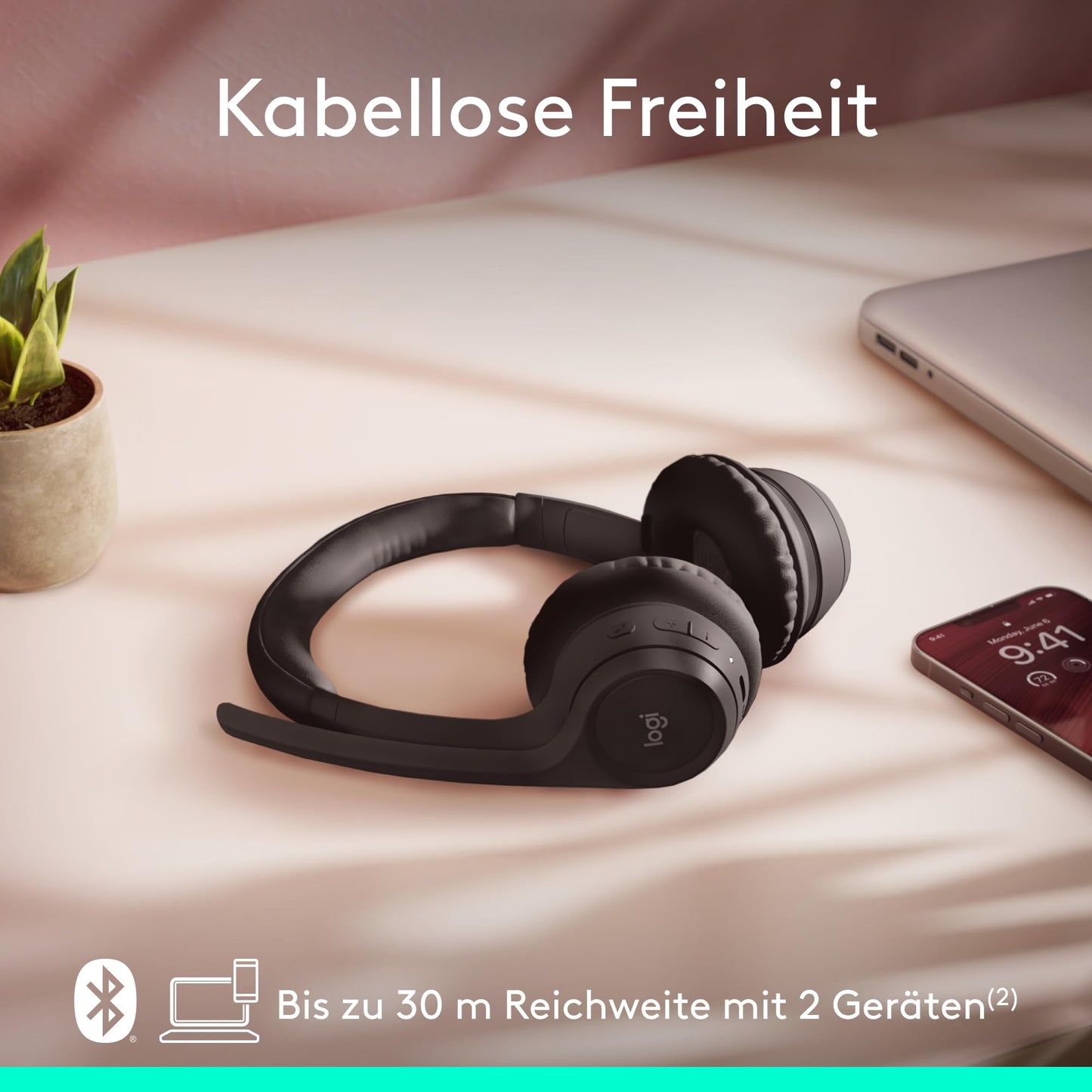 Logitech Zone 300 Wireless Bluetooth Headset with microphone includes noise cancellation, compatible with Windows, Mac, Chrome, Linux, iOS, iPadOS, Android - Black
