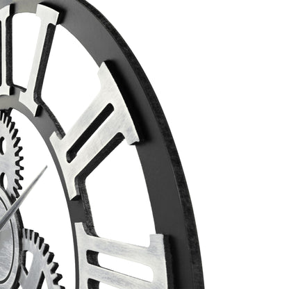 Lafocuse wooden wall clock large industrial silver, silent vintage wall clock 60cm XXL, gear roman numerals steampunk large for living room kitchen.