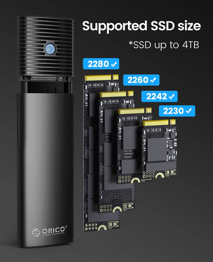 ORICO NVMe enclosure M.2 SATA SSD adapter, USB 3.2 Gen 2 10Gbps PCIe, 5Gbps NGFF M.2 SATA B+M Key 2230/2242/2260/2280, Aluminum external M.2 case support UASP Trim, tool-free PWDM2-BK.