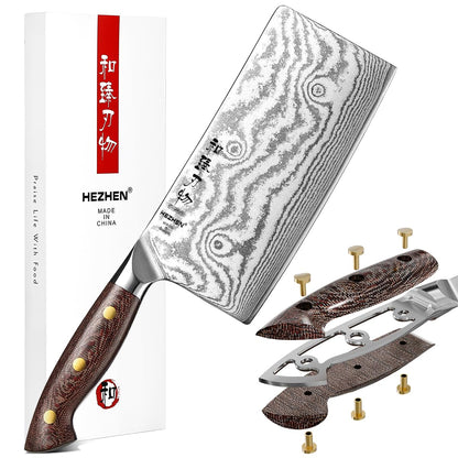 HEZHEN 18cm Cleaver, Professional Chinese Chef Knife, Damascus Steel Sharp Kitchen Knife, Vegetable Meat Cleaver Cutting Knife, Ergonomic Micarta Handle