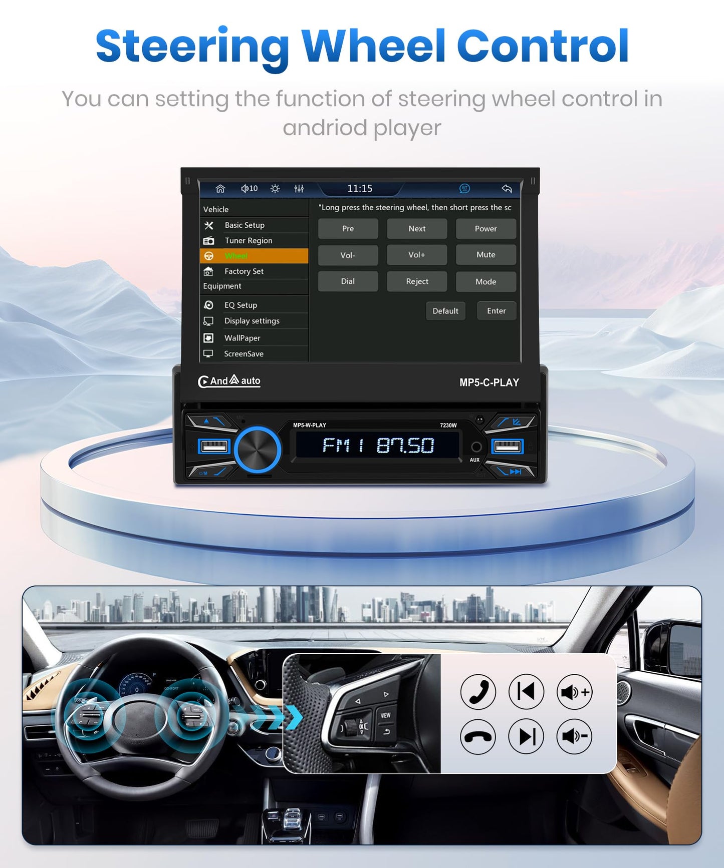 Podofo Wireless Carplay/Android Auto Car Radio 1Din with 7'' Retractable Display Automatic Screen Bluetooth 5.1 Wireless Android Auto FM 2USB/MIC/Type C/With Rearview Camera Steering Wheel Control