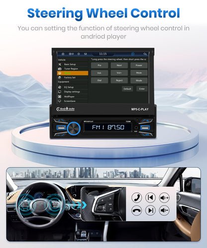 Podofo Wireless Carplay/Android Auto Car Radio 1Din with 7'' Retractable Display Automatic Screen Bluetooth 5.1 Wireless Android Auto FM 2USB/MIC/Type C/With Rearview Camera Steering Wheel Control