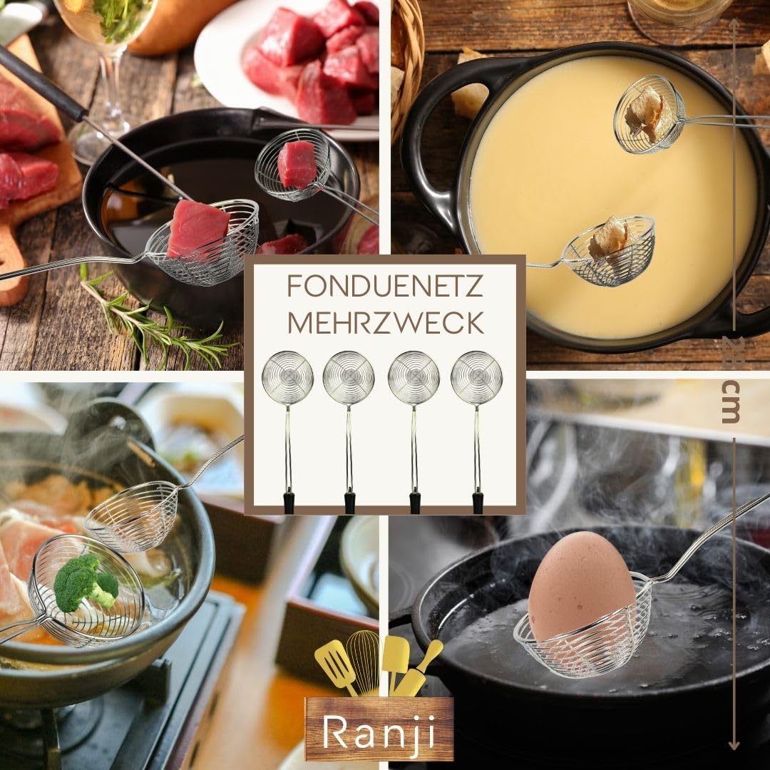Ranji® - 8 mini fondue sieves & fondue forks made of stainless steel - perfect for Chinese fondue, cheese fondue, meat fondue & chocolate fondue - also suitable as a sieve for frying & bubble tea.