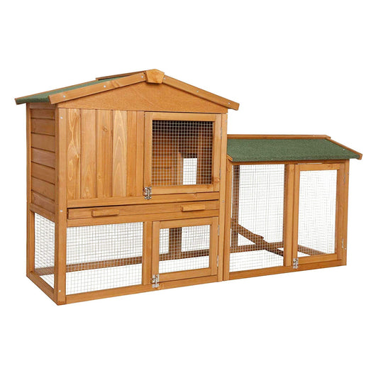 Wooden two-story rabbit hutch with ramp, 147x52x85 cm, water-repellent bitumen roof & wire mesh, winter-proof for outdoor use with 3 entrances & removable drawer.