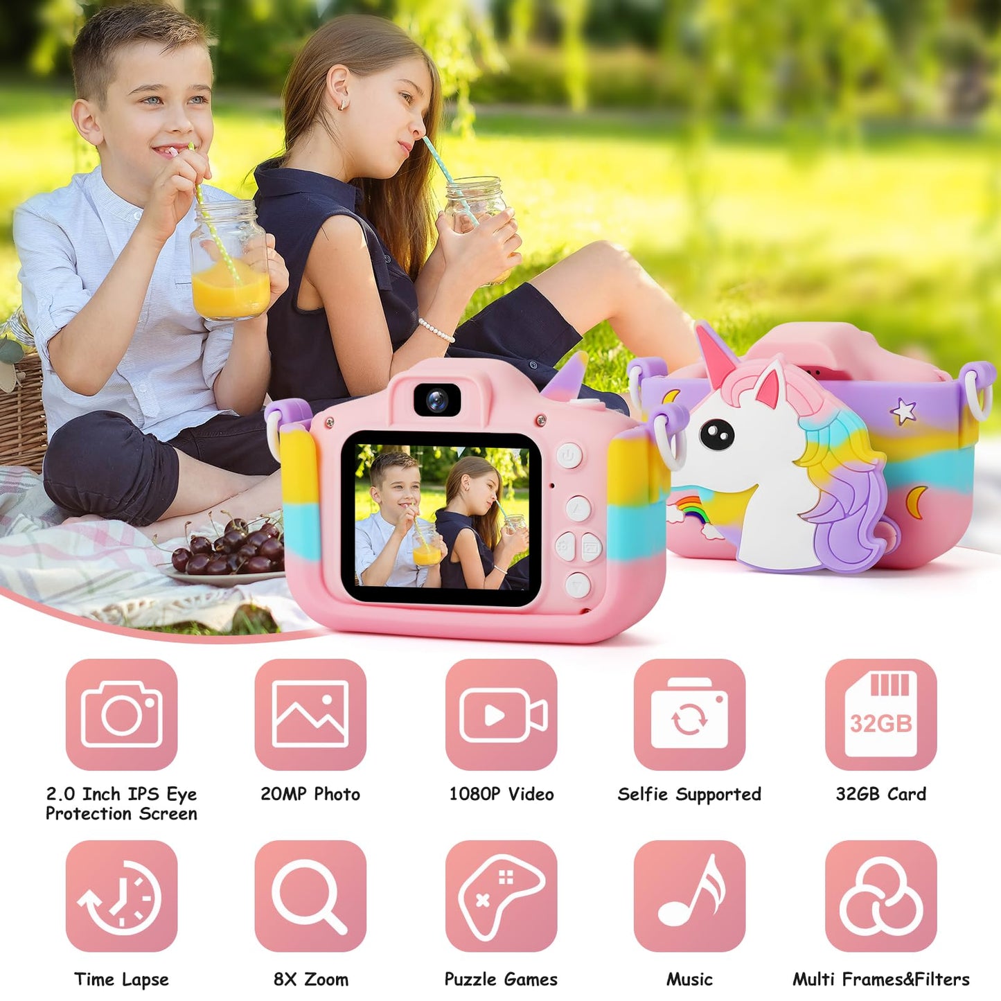 Kids Camera - Girls Gifts/1080P Kids Digital Camera+32GB TF Card, Anti-Drop Camera Case/HD Video/38 Picture Frames and Filters/8x Zoom/5 Learning Games, Gifts for Boys Girls 3-9 Years