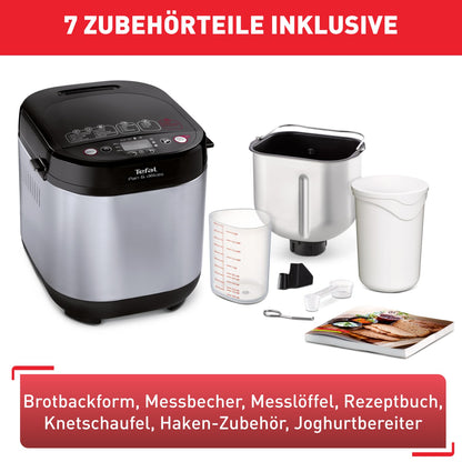 Tefal Bread Maker Pain & Délices, 20 baking programs, 3 adjustable loaf sizes and crust settings, also for cakes - pizzas - pasta dough, non-stick baking pan, black/stainless steel, PF240E