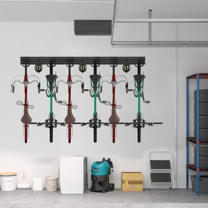 Mimoke bike wall mount adjustable for vertical storage of e-bikes, mountain bikes, and road bikes. Holds 6 bikes and helmets.