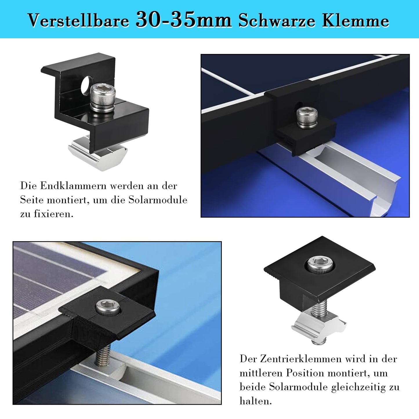 Philtool Solar Panel Mounting Kit, 12cm Aluminum Profile Rails and Accessories, Black Anodized, 30-35mm Adjustable Mount for Solar Panels, Panel Bracket for Flat Roof, Trapezoidal Roof, Sheet Metal Roof.