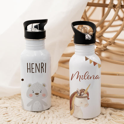 Kidsmood - Personalized stainless steel water bottle for kids, 500ml, leak-proof with straw, dishwasher safe | Great for school & kindergarten or as a back-to-school gift for girls and boys.