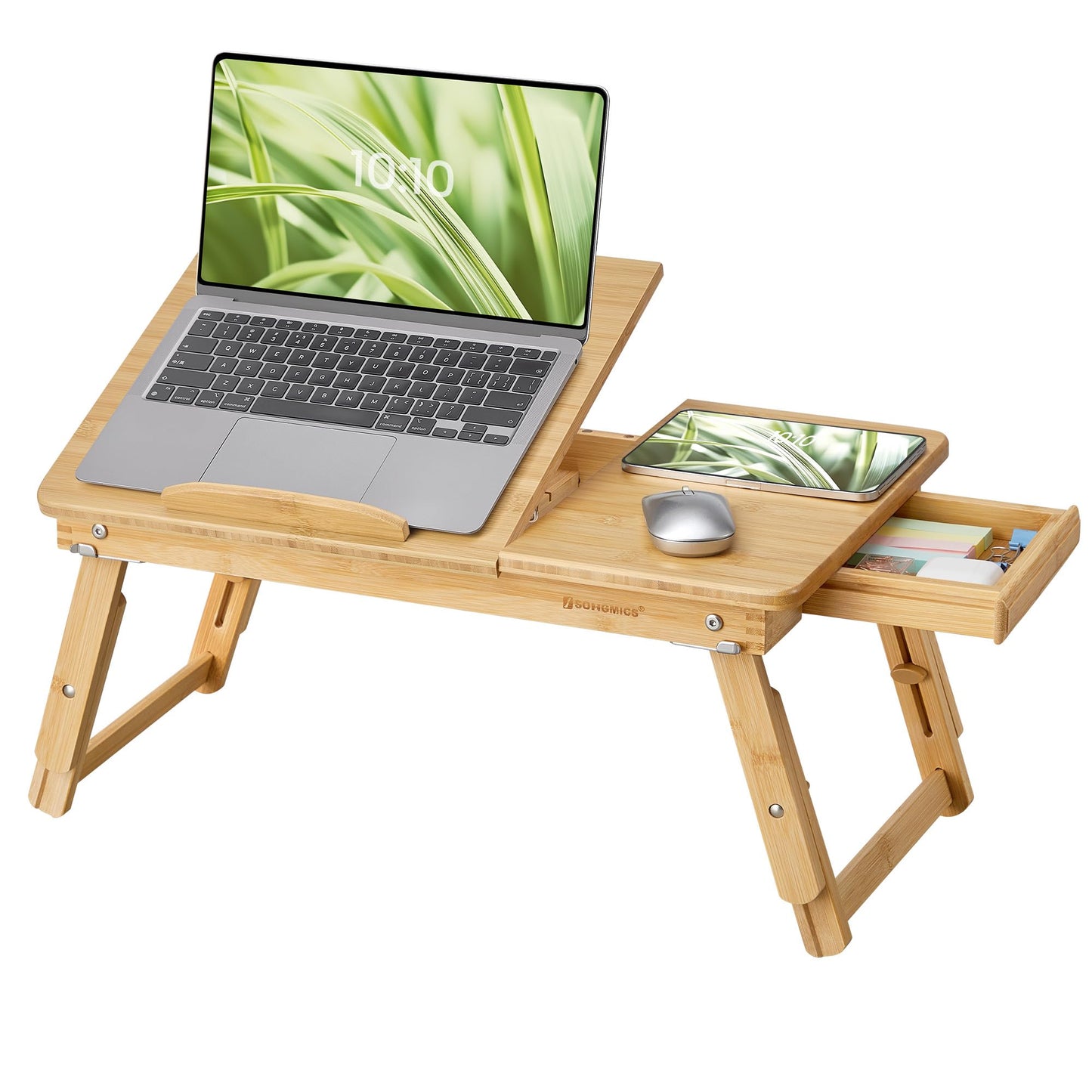 SONGMICS Laptop Desk, Laptop Stand, Breakfast Tray, Foldable Legs, for Bed and Sofa, Adjustable Height, for up to 15.6 inch Laptops, (61-68.3) x 34.9 x (22.5-32) cm, Natural Color LLD01N