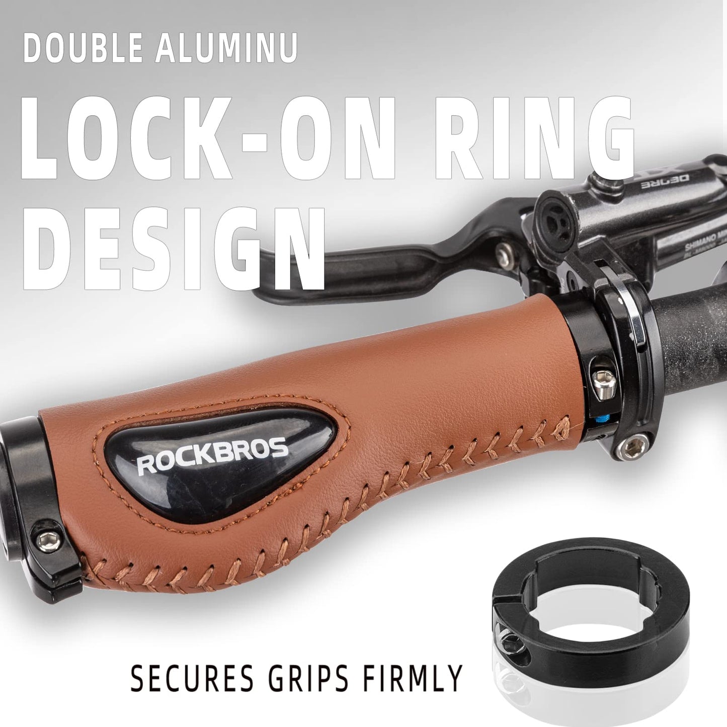 ROCKBROS Ergonomic Bike Grips 22.2mm, Non-Slip MTB Handlebar Grips with Gel & PU Leather, Comfort Grip with Lock-On Design, Shock-Absorbing Handle Grips for Bike, Mountain Bike, E-Bike, Road Bike
