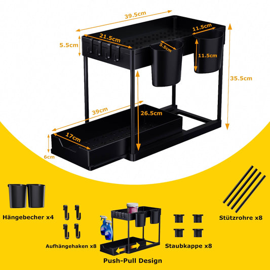 AIXPI Kitchen Organizer 2 Tiers, Under Sink Shelf with Hooks and Cup Spice Rack Sink Cabinet Organizer Kitchen Shelf Cabinet Organizer for Bathroom Kitchen Black 2 Set