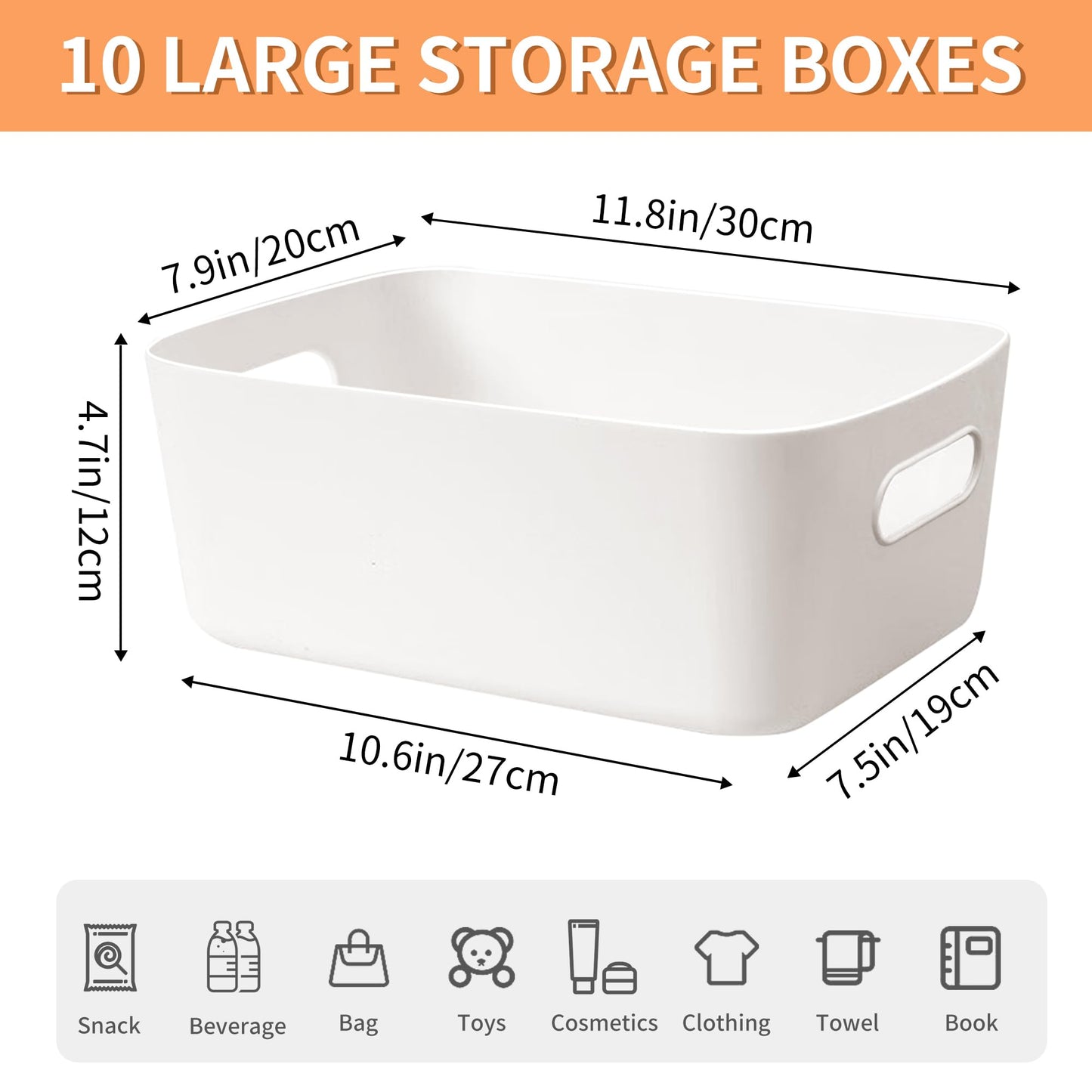 LYLIDIA 10 Piece Storage Box Plastic 30 cm Storage Basket Large White Basket Storage Plastic Box Baskets Plastic Box for Bathroom Kitchen Cabinet Shelf Organizer Boxes