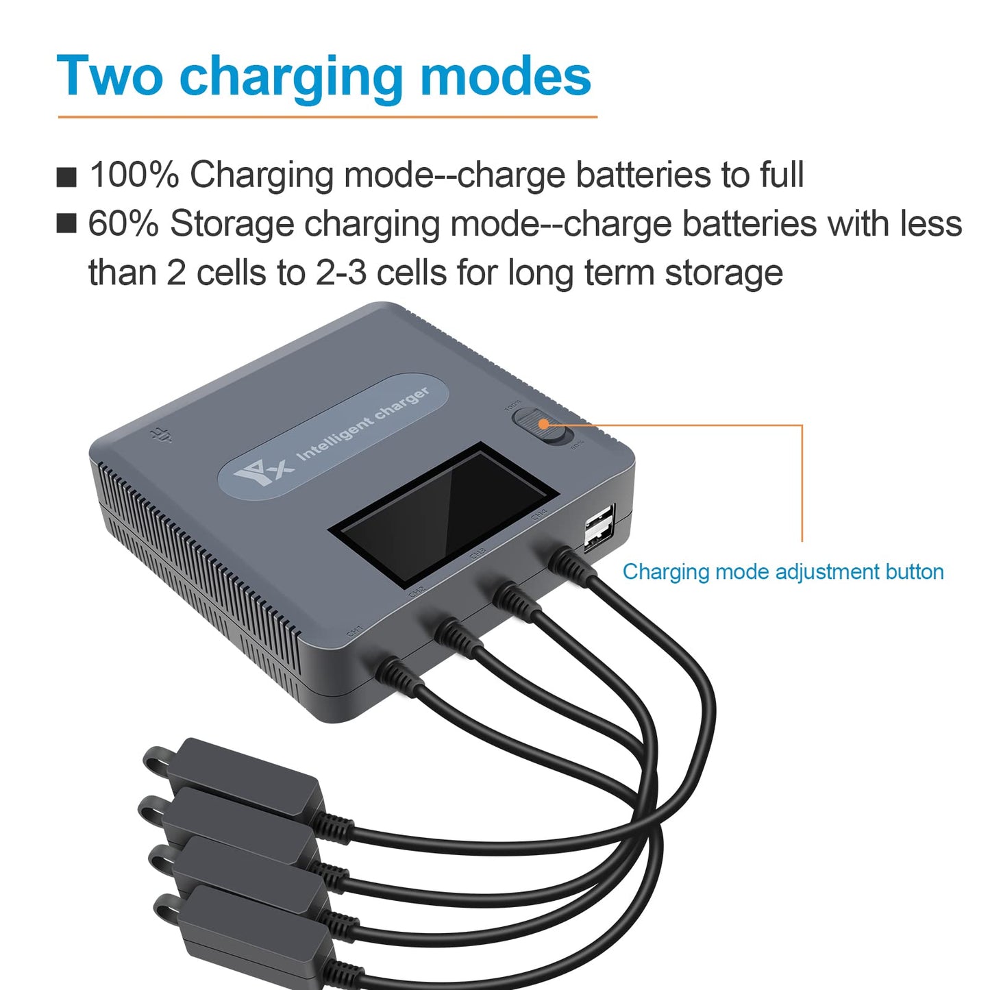 LYONGTECH LCD display battery charger for DJI Air 2S, Mavic Air 2 drone, charges 4 batteries and 2 USB ports simultaneously, 6 in 1 parallel battery charging station hub accessory.