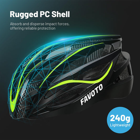 Favoto adult bike helmet with removable lining, adjustable road bike helmet for men and women. Black-green color, size M (55-58cm). Suitable for cycling, rollerblading, and mountain biking.