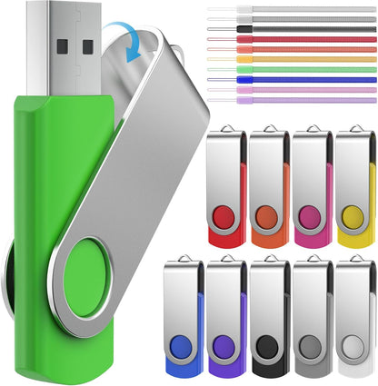 FEBNISCTE 16GB USB Sticks - Colorful USB Stick Rotate Metal 10 Pack, Foldable Memory Stick 16 Gigabyte 10 Pack, Portable Flash Drive for Movies/Car/Computer, Pendrive Flash Drive with Lanyard