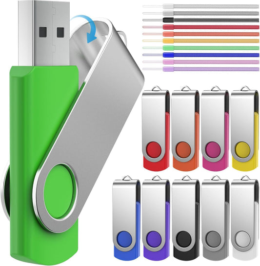 FEBNISCTE 16GB USB Sticks - Colorful USB Stick Rotate Metal 10 Pack, Foldable Memory Stick 16 Gigabyte 10 Pack, Portable Flash Drive for Movies/Car/Computer, Pendrive Flash Drive with Lanyard