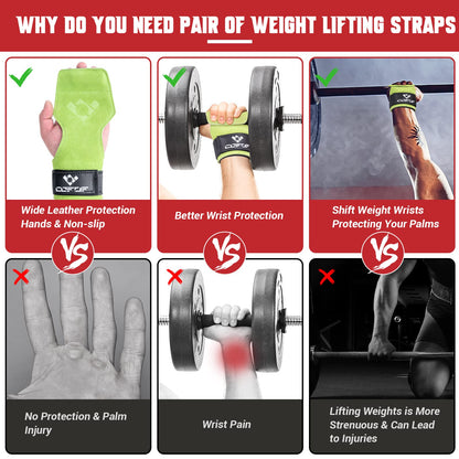 Weightlifting wrist strap, double-layered, leather, suitable for weightlifting, wrist strap for deadlifting and powerlifting, adjustable, with neoprene padding, for gym, workout, lifting (Green)