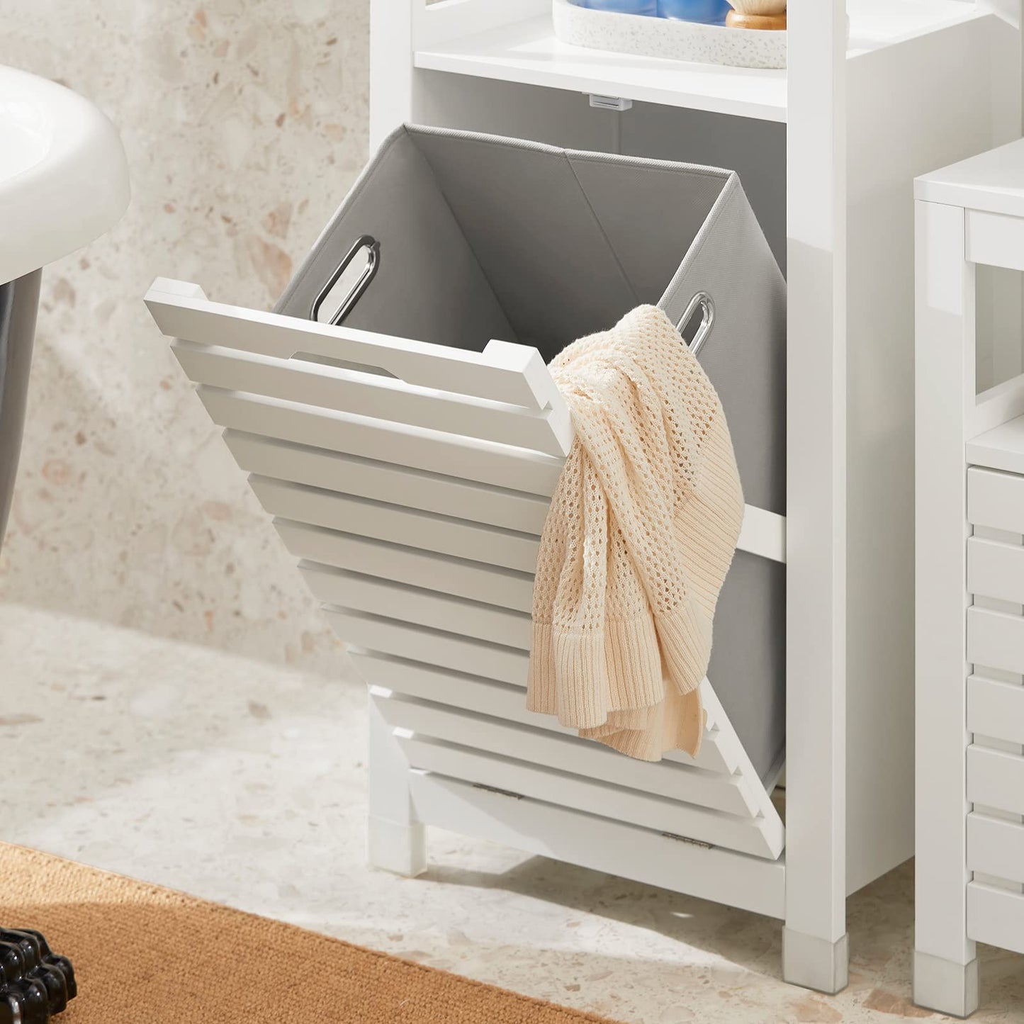 SoBuy Bathroom Cabinet with Laundry Basket - Laundry Cabinet, Bathroom Cabinet with Fold-Out Laundry Bag, Compact Bathroom Shelf, Wooden Bathroom Furniture, White, 42x90x30cm, BZR67-W