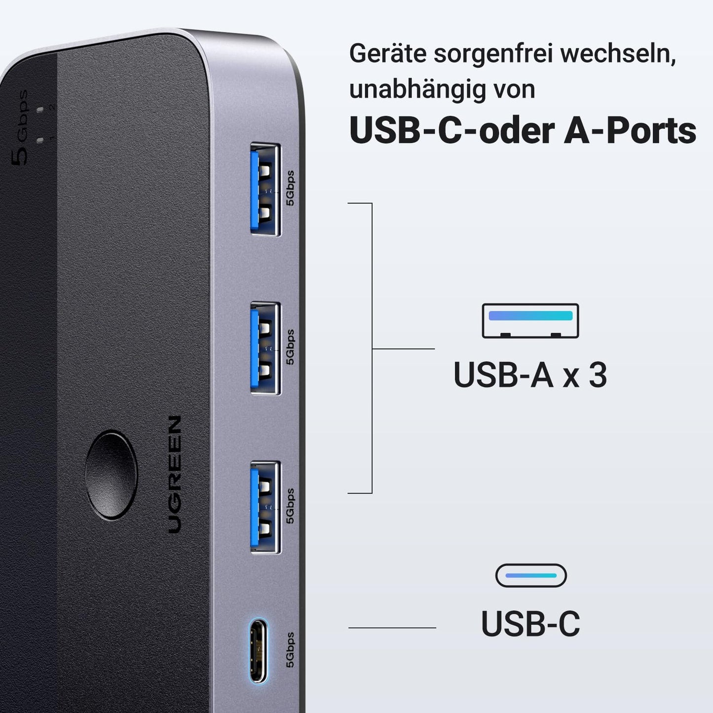 UGREEN USB switch 2PC with 1C3A 3.0 ports, 2 in 4 out USB switch KVM switch aluminum case with desktop controller, 2*A to A cables for keyboard, mouse, printer, scanner, etc.