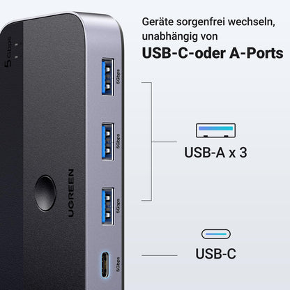 UGREEN USB switch 2PC with 1C3A 3.0 ports, 2 in 4 out USB switch KVM switch aluminum case with desktop controller, 2*A to A cables for keyboard, mouse, printer, scanner, etc.