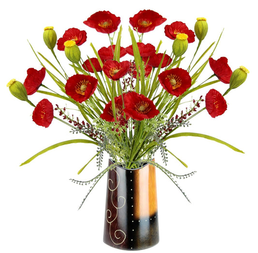 Flair Flower Poppy Bush in Vase artificial flowers Poppy Poppy Bush Bouquet Artificial Flowers Bouquet Flower Bouquet Floral Decoration Meadow Flowers Grave Wedding Decoration, Red