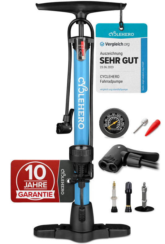 Bike pump all valves * Test VERY GOOD - 10 years WARRANTY * Powerful bike pump - French valve bicycle pump - floor pump with pressure gauge - pump floor pump