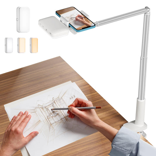 Yayusi overhead tripod phone with ring light, LED ring light with tripod phone, battery-operated dimmable 15 brightness LED tabletop ring light for unboxing video, live streaming, video recording (white)