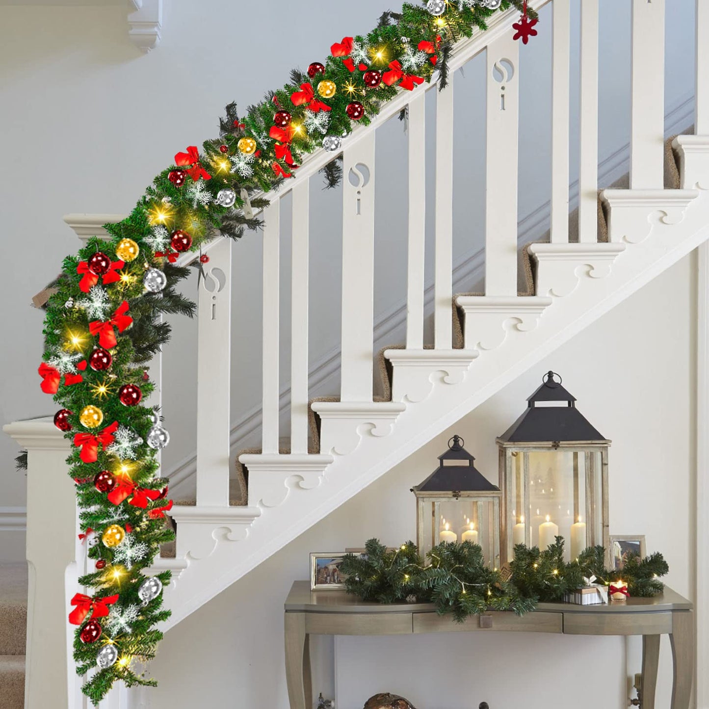 Yakimz Christmas Garland Artificial, 5m with 100 Warm White LED Lights, including Decorations, Artificial Green Pine Garland Christmas Decoration Indoor and Outdoor Garland