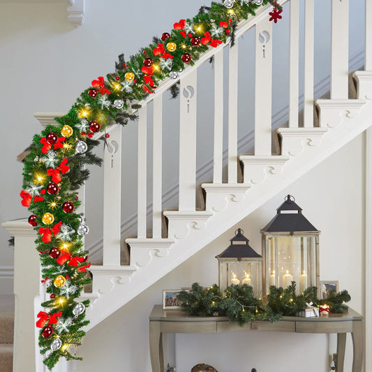 Yakimz Christmas Garland Artificial, 5m with 100 Warm White LED Lights, including Decorations, Artificial Green Pine Garland Christmas Decoration Indoor and Outdoor Garland