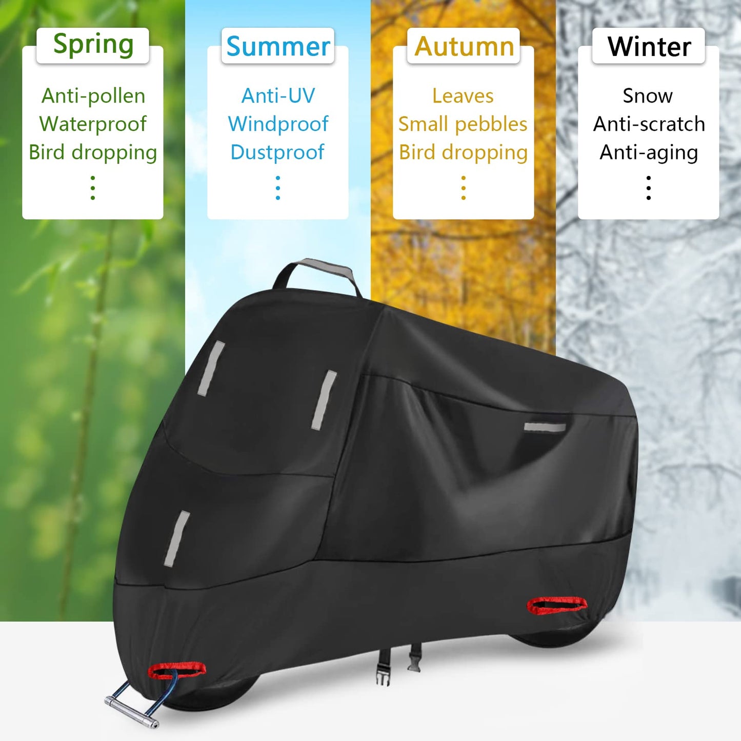 Motorcycle Cover Outdoor 300D Motorbike Cover Scooter Cover Waterproof Moped Garage with 5 Reflective Stripes and 2 Lock Holes, 2 Windproof Buckles, and 1 Pocket (XXL: 240x90x125cm)
