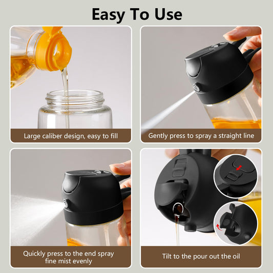 SWEET VIEW 2 in 1 Oil Sprayer for Cooking, 470ml Glass Oil Bottle/Olive Oil Spray Bottle for Salad, Grilling, and Air Fryer (Black, Black)