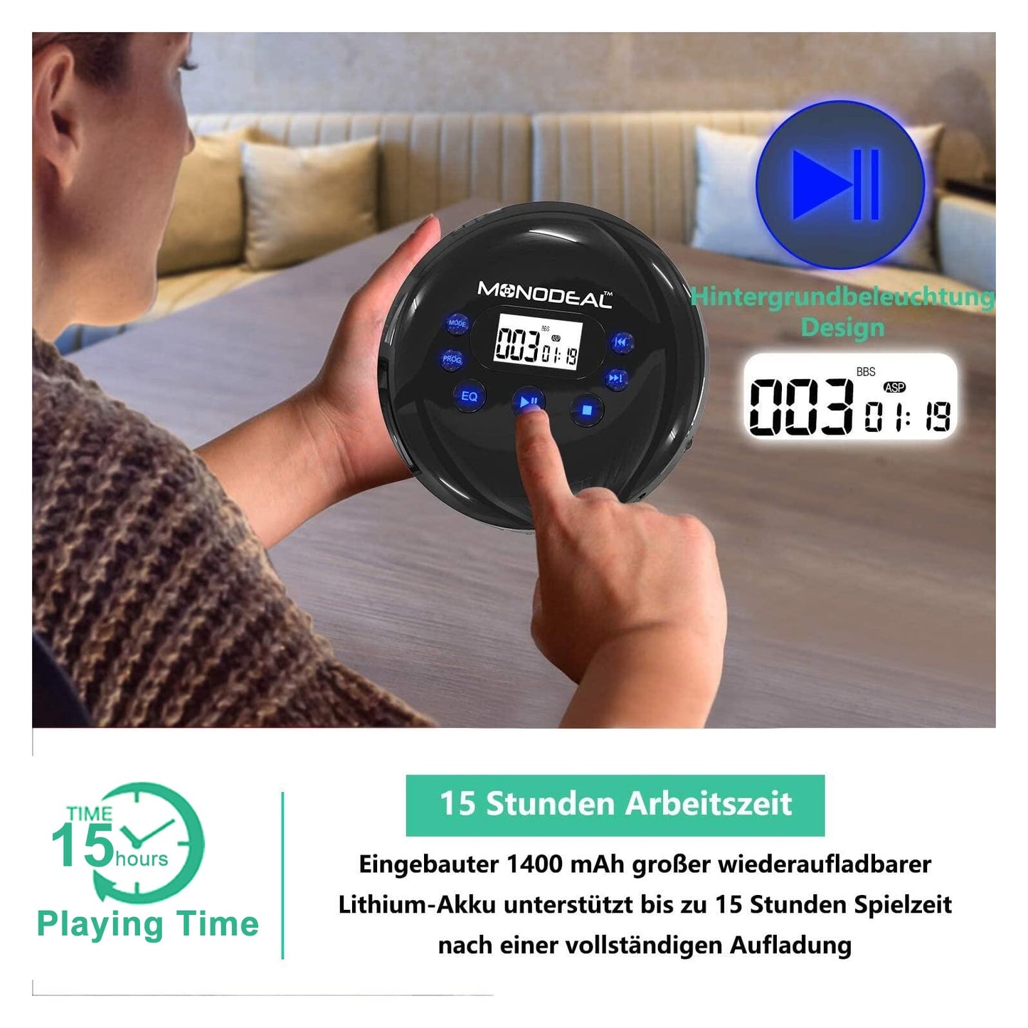 MONODEAL portable CD Player, rechargeable with headphones, Discman with LCD display, USB charging cable, AUX cable. Perfect for car, kids, students, adults.