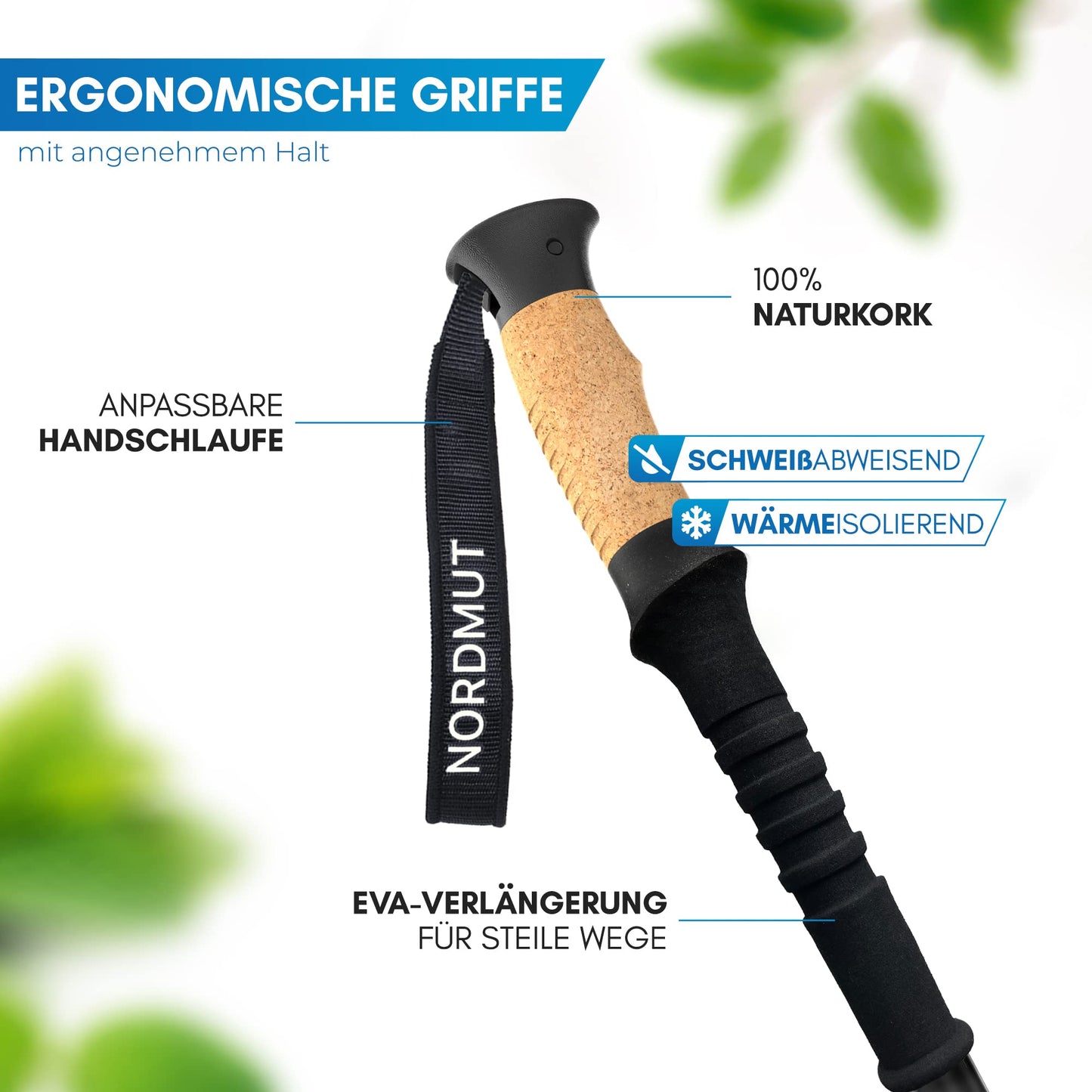 NORDMUT® hiking poles telescope aluminum | Nordic walking sticks for women and men | Ultra-lightweight trekking poles [with rubber buffer set] adjustable with genuine cork grip.