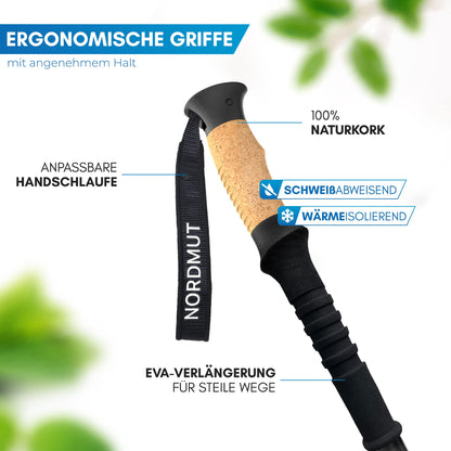 NORDMUT® hiking poles telescope aluminum | Nordic walking sticks for women and men | Ultra-lightweight trekking poles [with rubber buffer set] adjustable with genuine cork grip.
