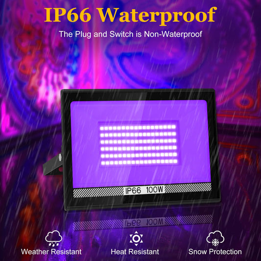 LED Blacklight Spotlight 100W, T-SUNUS LED UV Spotlight Outdoor with Plug IP66 Waterproof 400-405NM Blacklight UV Floodlight UV Floodlight Decor for Neon Colors Disco Bar Party Halloween