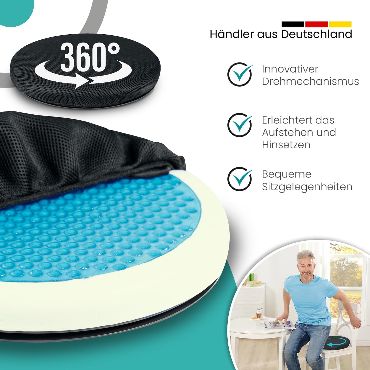 ELONEO swivel cushion with gel for car seat, rotating seat for seniors, helpful for entering/exiting, non-slip, supports up to 150 kg. For car, sofa, armchair, chair (Ø 40, 1 piece).